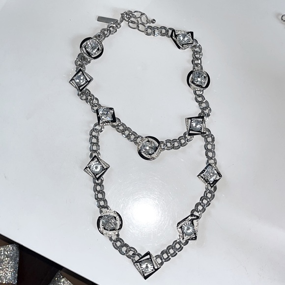 Oscar de la Renta Jewelry - Vtg Oscar De La Renta Signed silver black rhinestone double necklace